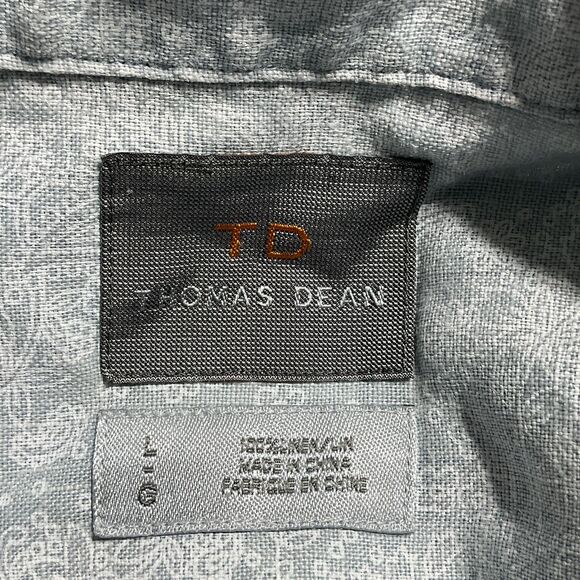 Thomas Dean Size LG Blue White Paisley Print Short Sleeve Button Down Mens Shirt - Picture 7 of 7